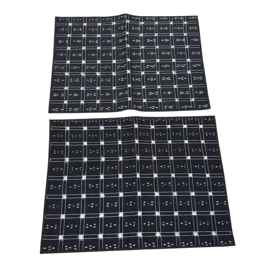 Crate & Barrel Placemats Black Cotton Checkered Pique Woven Rectangle X4 NEW